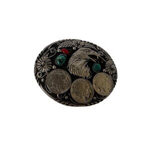 Vintage SSi Belt Buckle Eagle Turquoise Silver Tone Buffalo Nickel 1935